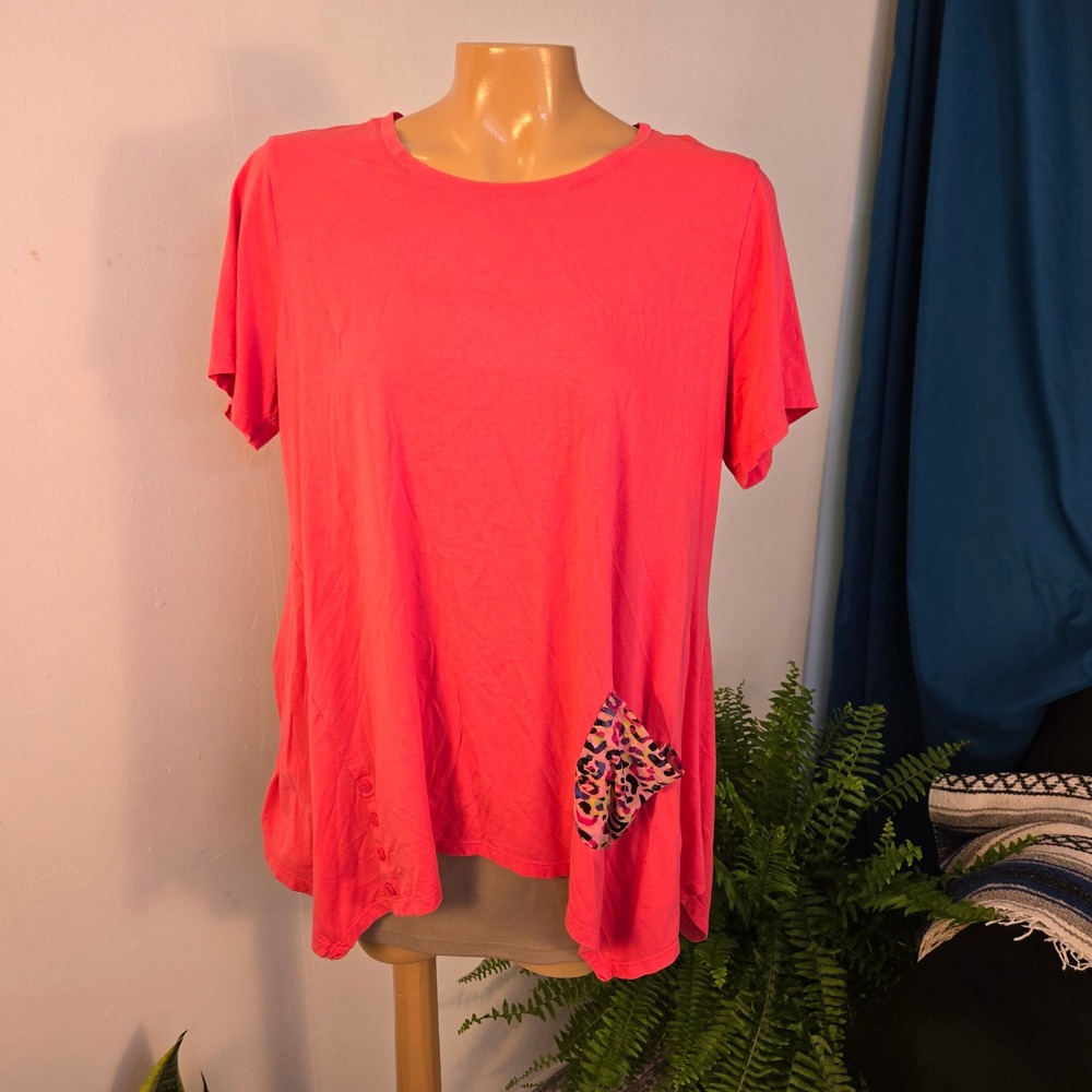 LOGO Lori Goldstein Tunic‎ Women Large Pink Leopard Mesh Pocket Sharkbite Cute